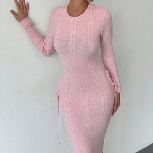 Pink Elegant Women's Warm Cinched Waist Knitted Dress - Picture 8 of 8